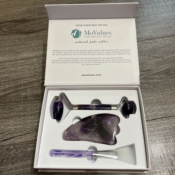 NEW MoValues Original Jade Roller & Gua Sha Facial Tools Kit NEW IN BOX Purple - Picture 2 of 14